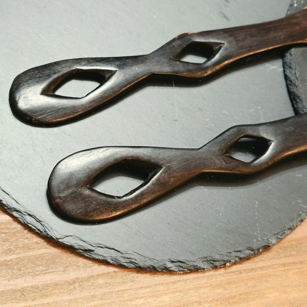Handmade Two Tone Wooden Salad Server Set Diamond Cutout Handles 12 Inch